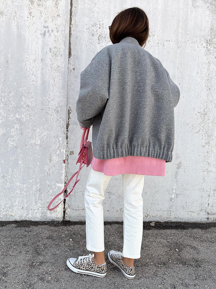 Fashionable and Simple Gray Woolen Coat for Women