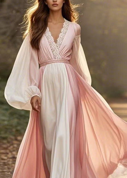 Plus Size Colorblock V Neck Patchwork Chiffon Dress Lantern Sleeve