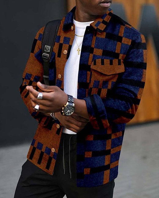 Men's Casual Orange Blue Plaid Print Long Sleeve Jacket