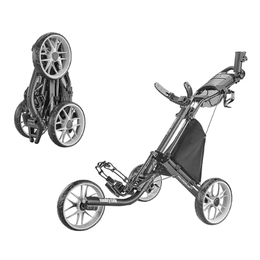 CaddyTek 3 Wheel Golf Push Cart - Foldable Collapsible Lightweight Pushcart with Foot Brake