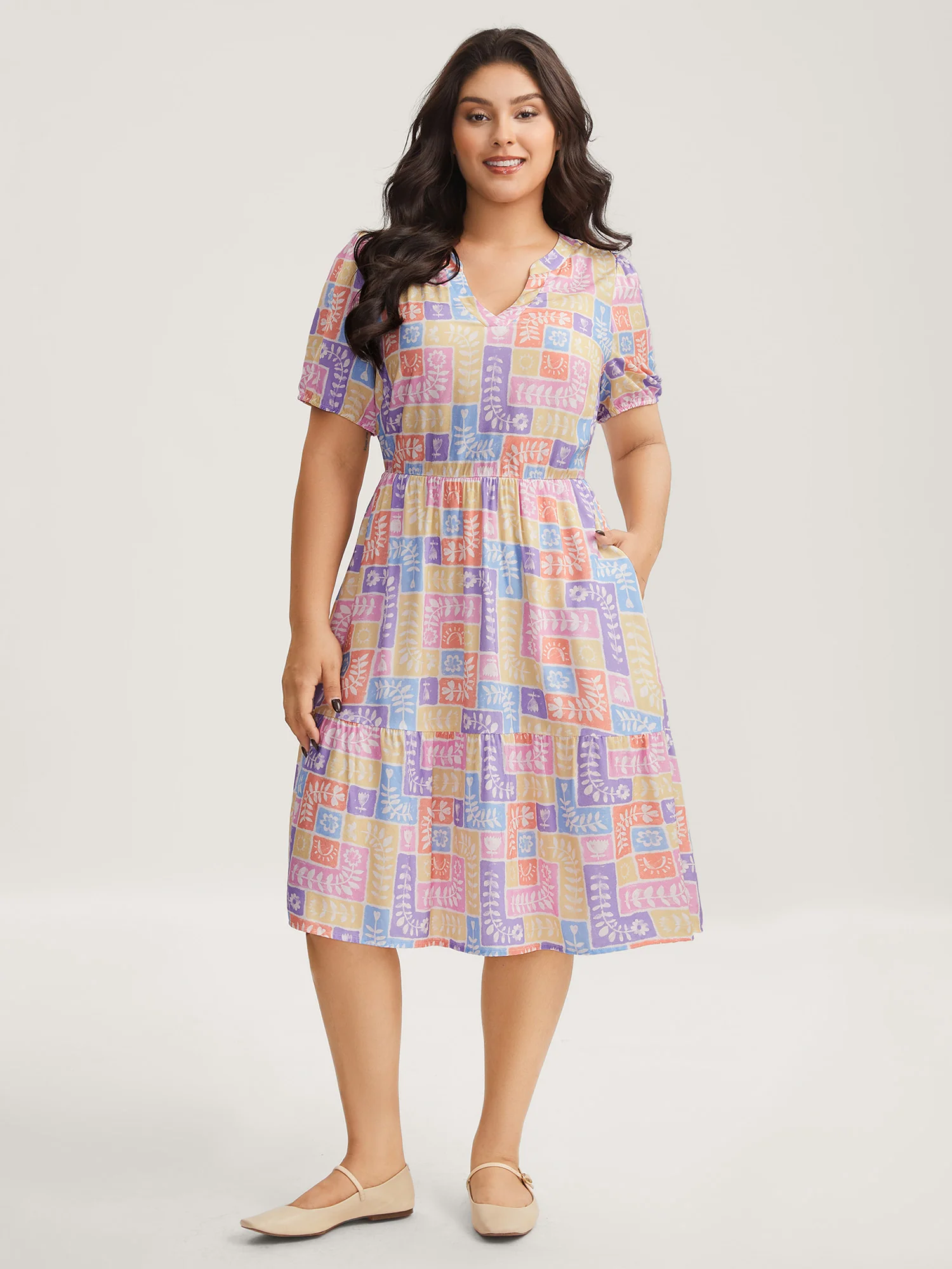 Rayon Floral Collage Stretchy Waist Midi Dress