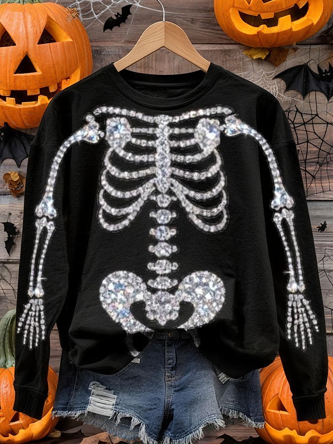 🔥Buy 3 Get 10% Off🔥Women's Halloween Rhinestone Skull Print Long Sleeve Crew Neck Sweatshirt