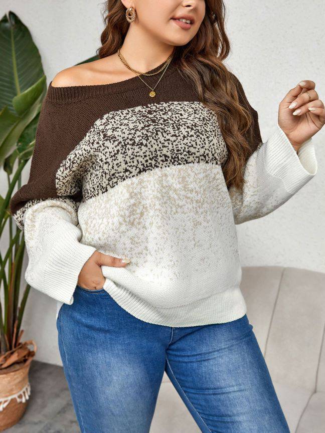 Plus Size Autumn Winter Color Matching Multi Color round Neck Clothing