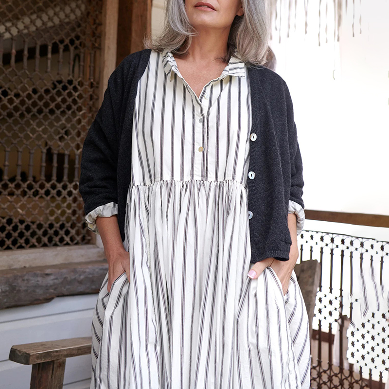 Striped Casual Shirt Collar Long Sleeved Maxi Dress