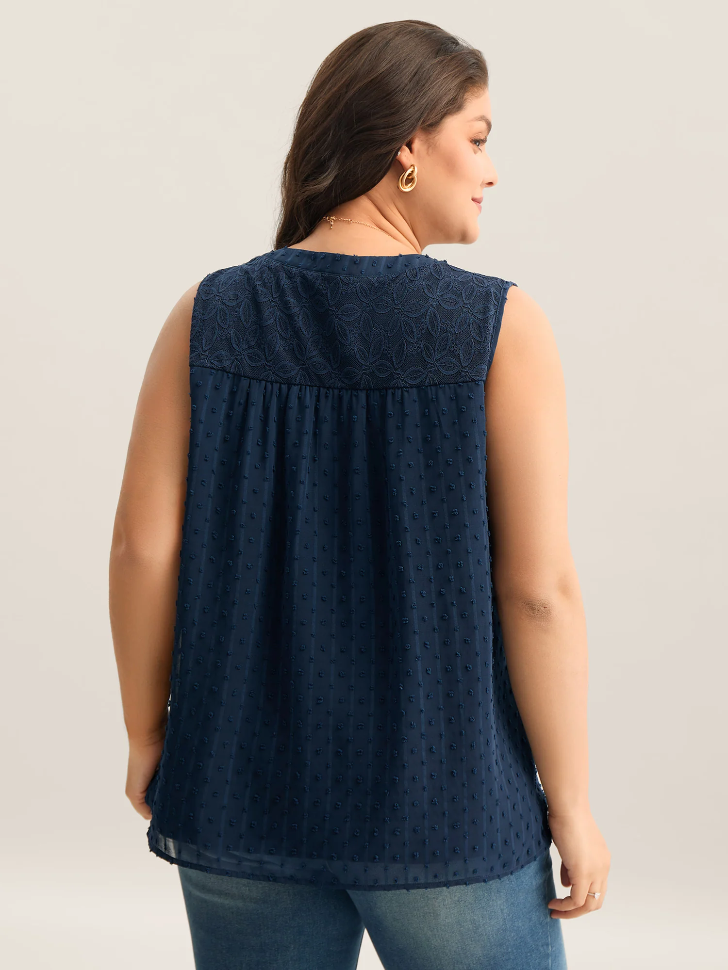 Textured Lace Detail Neck Tie Sleeveless Top