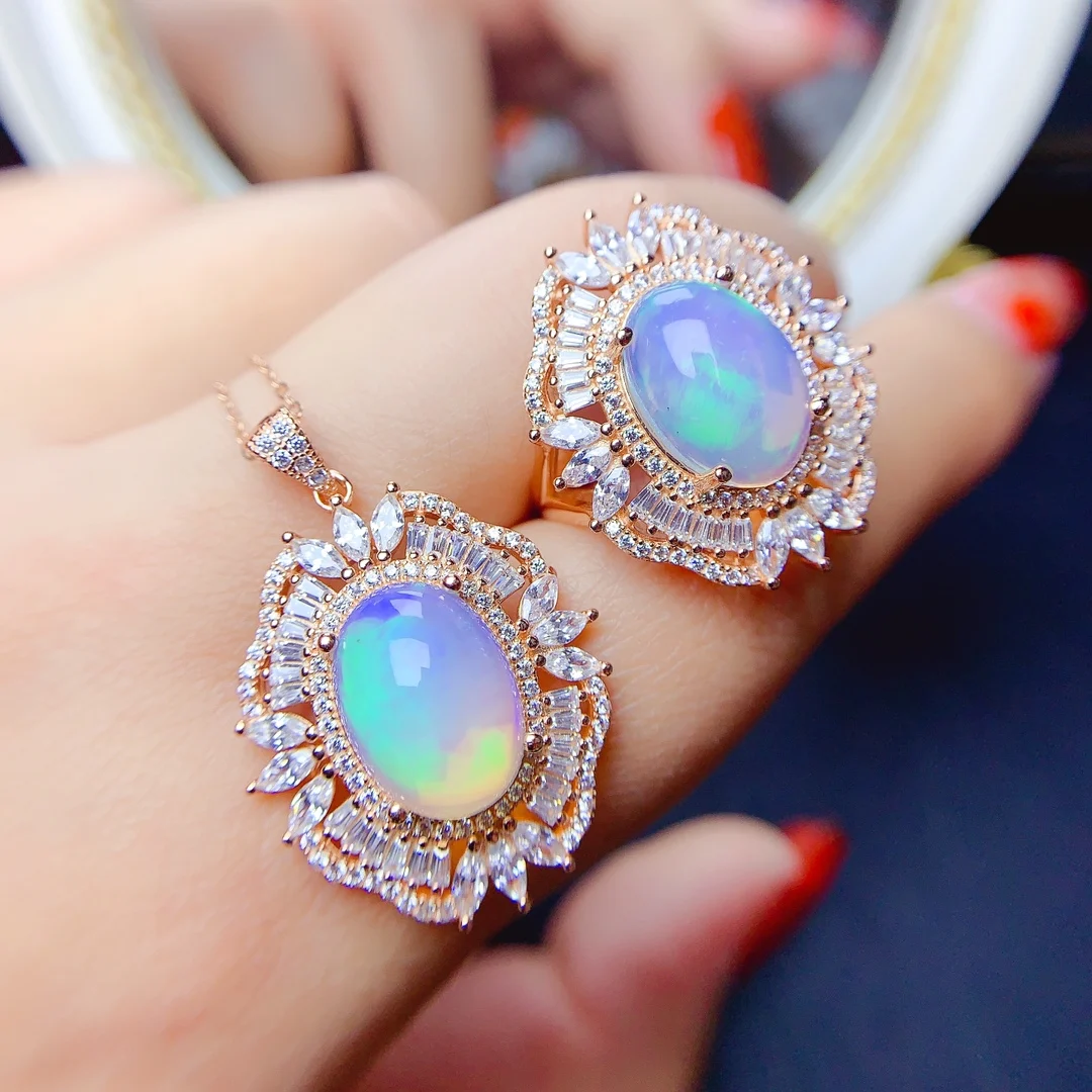 S925 Sterling Silver New Fashion elegant opal Jewelry Set women cubic zircon necklace pendant bridal wedding party gift