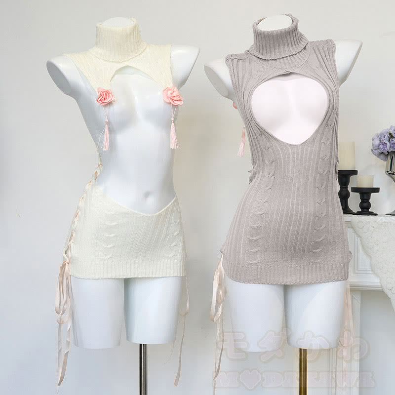 Flower Hollow Out Lace-up Sweater Lingerie