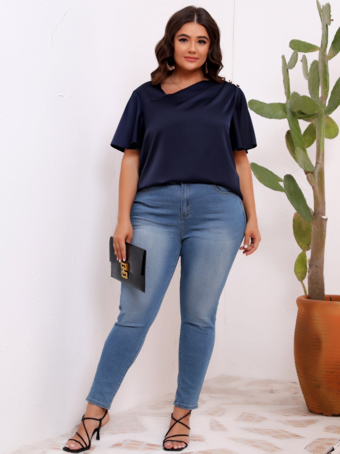 Plus Size Women Clothing Solid Color Satin Artificial Silk Pullover Oblique Shoulder Button Pleated Ruffle Sleeve Office Top Women Shirt