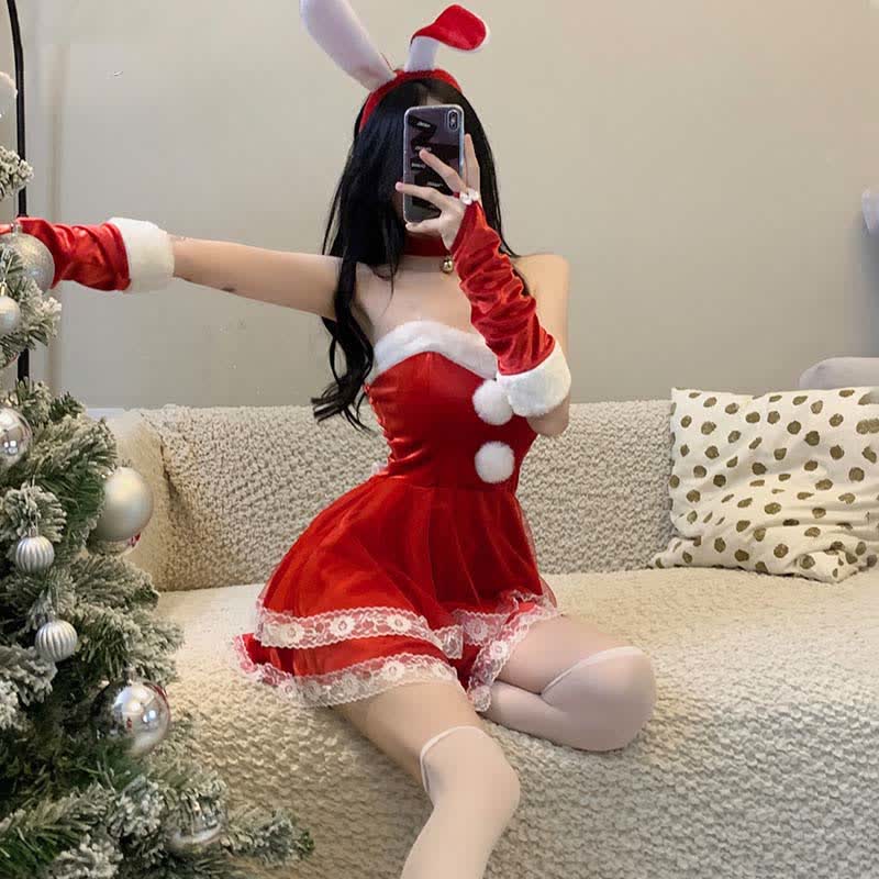 Christmas Cosplay Double Lace Fuzzy Ball Off The Shoulder Dress