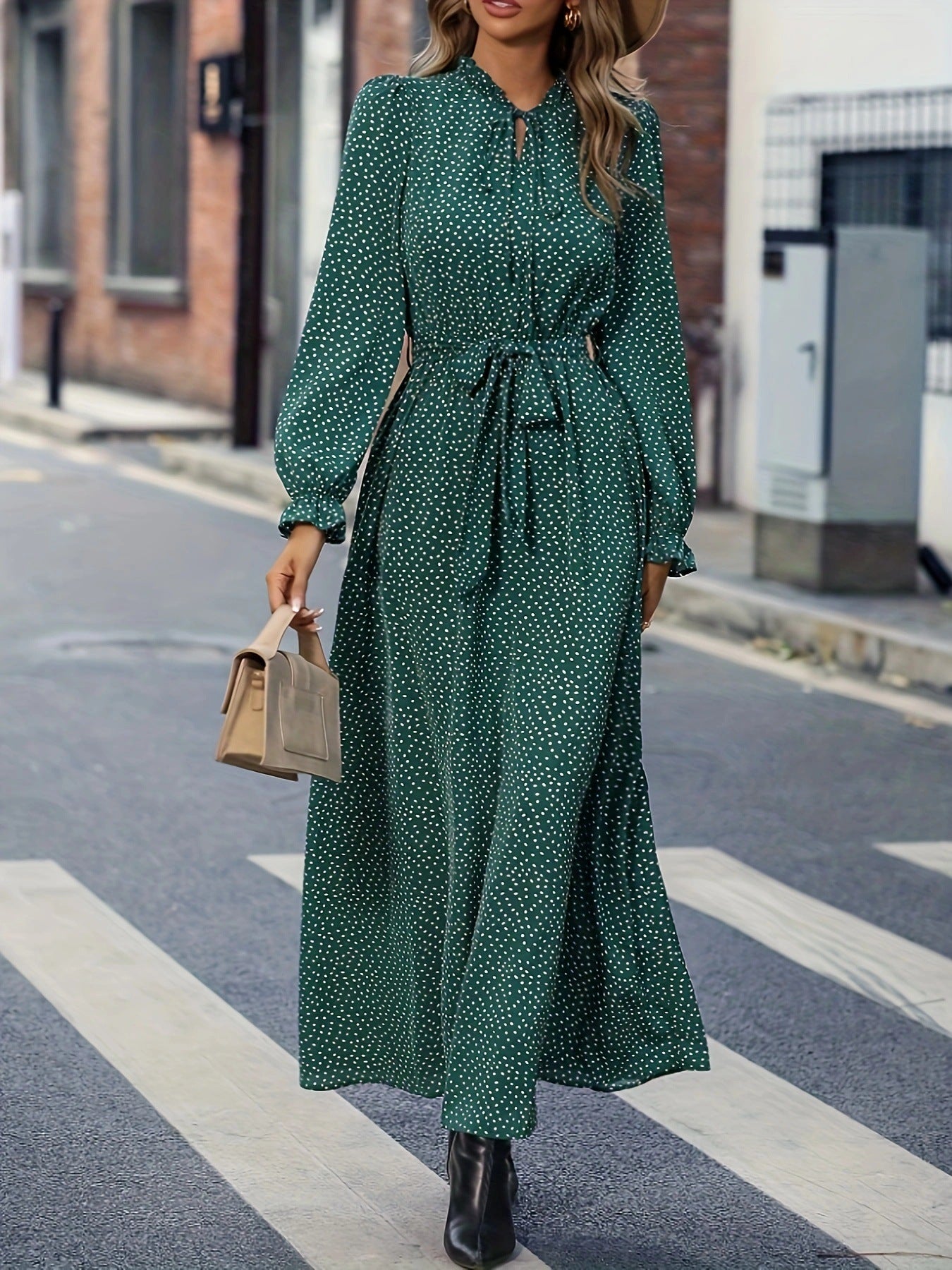 Women's Long Sleeve Polka Dot Print Dress