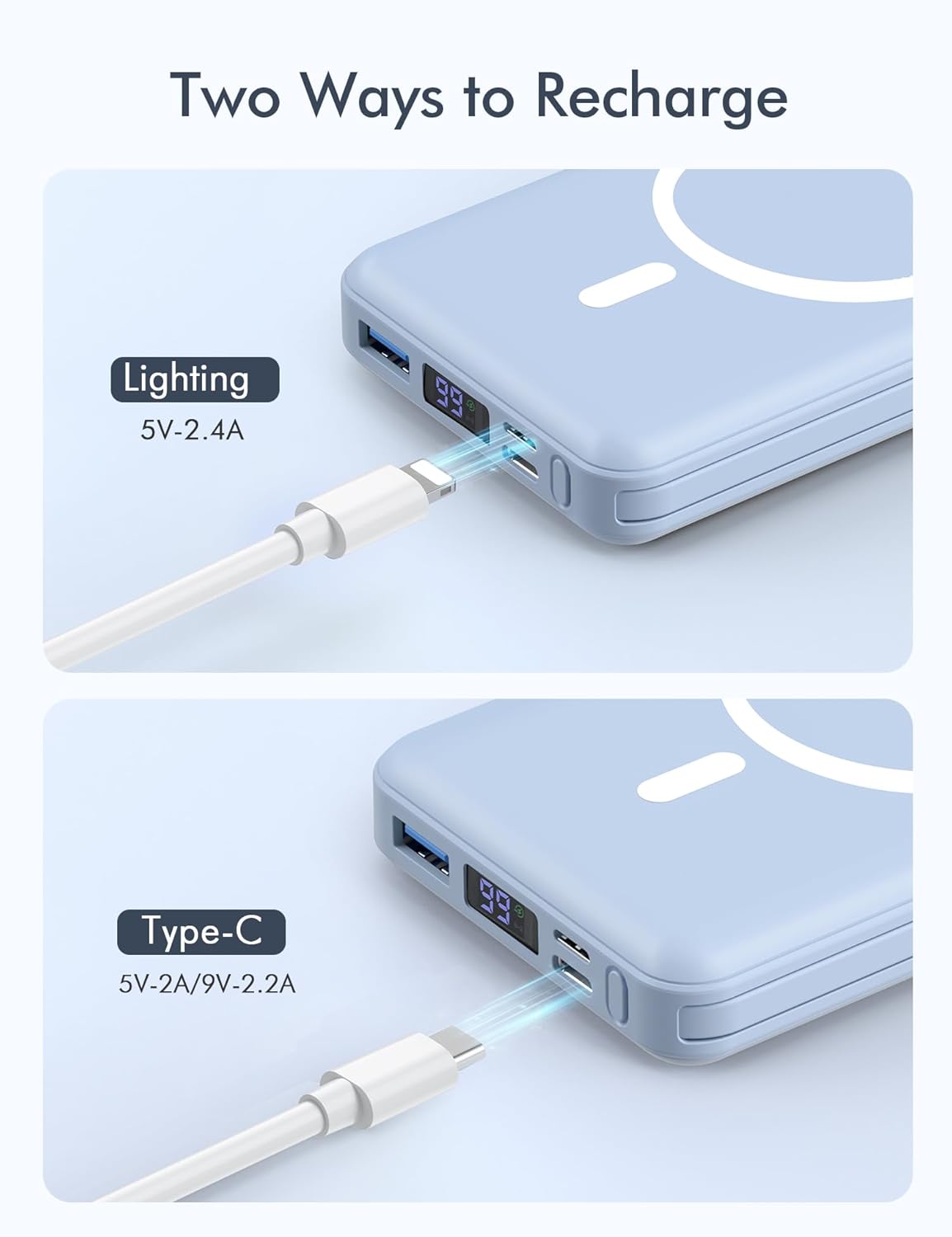 podoru Wireless Portable Charger, 10000mAh Magnetic Power Bank Built-in USB-C Lighting Cables 22.5W PD Fast Charging LED Display Mag-Safe Battery Pack for iPhone 15/14/13/12/Mini/Pro/Pro Max - White