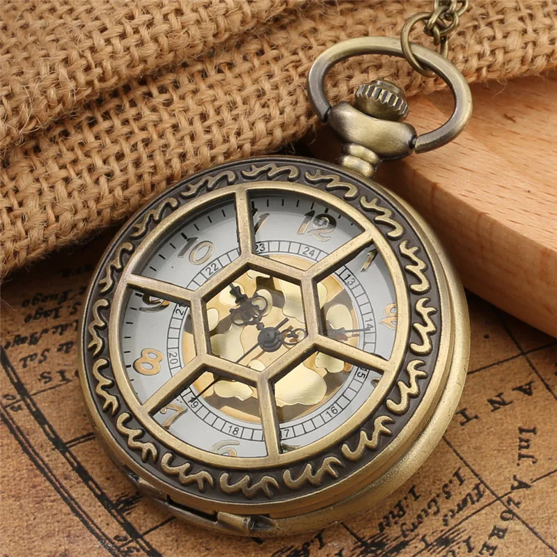 Antique Pocket Watch Half Hunter Retro Hollow Hexagon Grilles Men Women Quartz Analog Clock Sweater Chain Arabic Number Clock