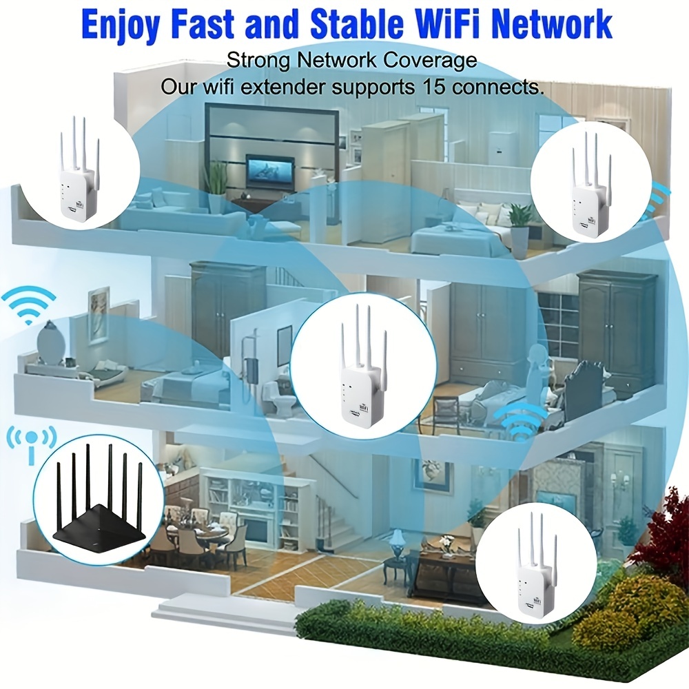 WiFi Extender, WiFi Booster 6X Stronger 1200Mbps WiFi 2.4&5GHz Dual Band(8000sq.ft), WiFi Signal Strong Penetrability 35 Devices 4 Modes 1-Tap Setup, 4 Antennas 360° Full Coverage, Supports Ethernet Port