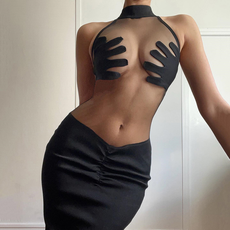 See Through Mesh Plam Sexy Dress