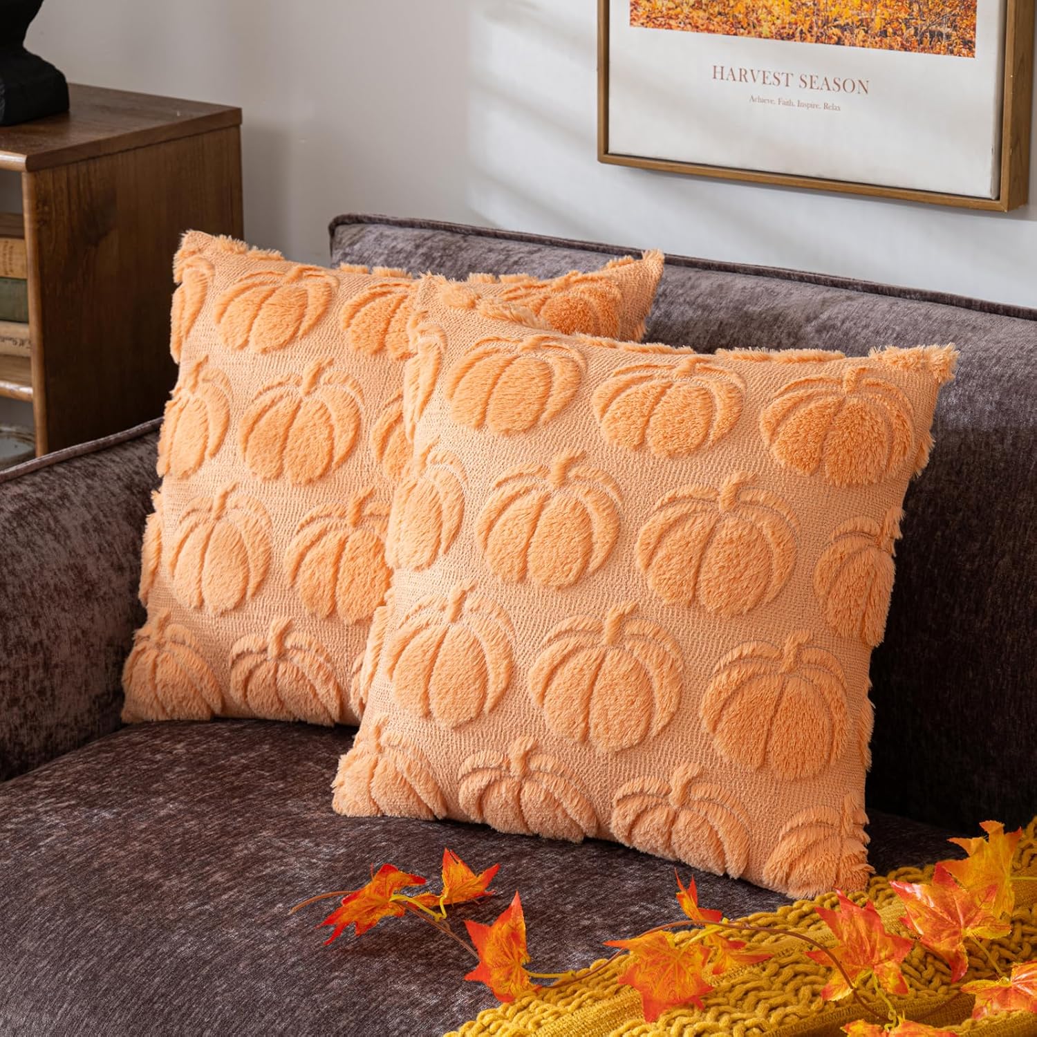 Pumpkin Fall Decorative Throw Pillow Covers, Fluffy Plush Accent Pillow Cases