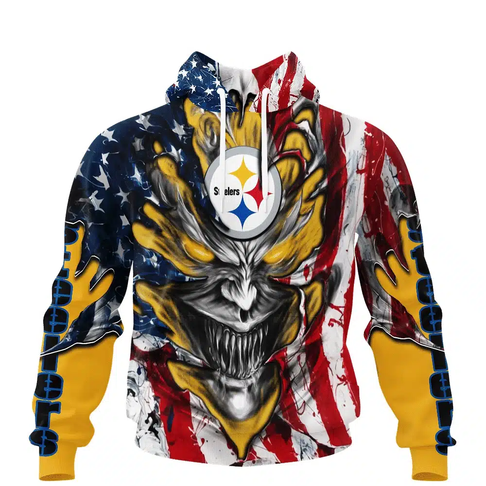 PITTSBURGH STEELERS DEMON FACE AMERICAN FLAG-3D UNISEX HOODIE