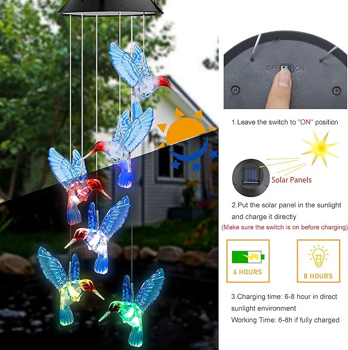 🎁🔥ON SALE - 45% OFF🔥Solar color-changing hummingbird wind chime-Rainbow Color Changing LED Lights,Six birds and it comes assembled.