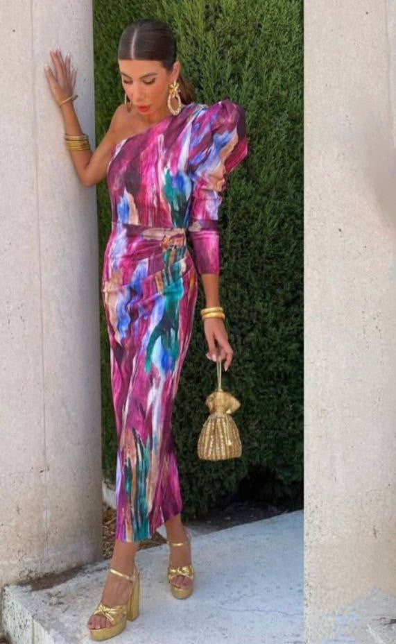 Purple Puff One Shoulder Midi Dress