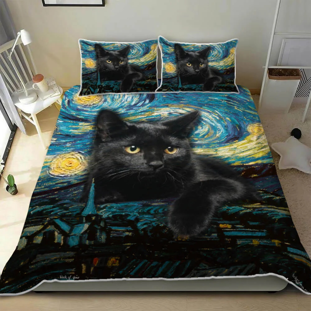 Black Cat Starry Night Quilt Bed Set