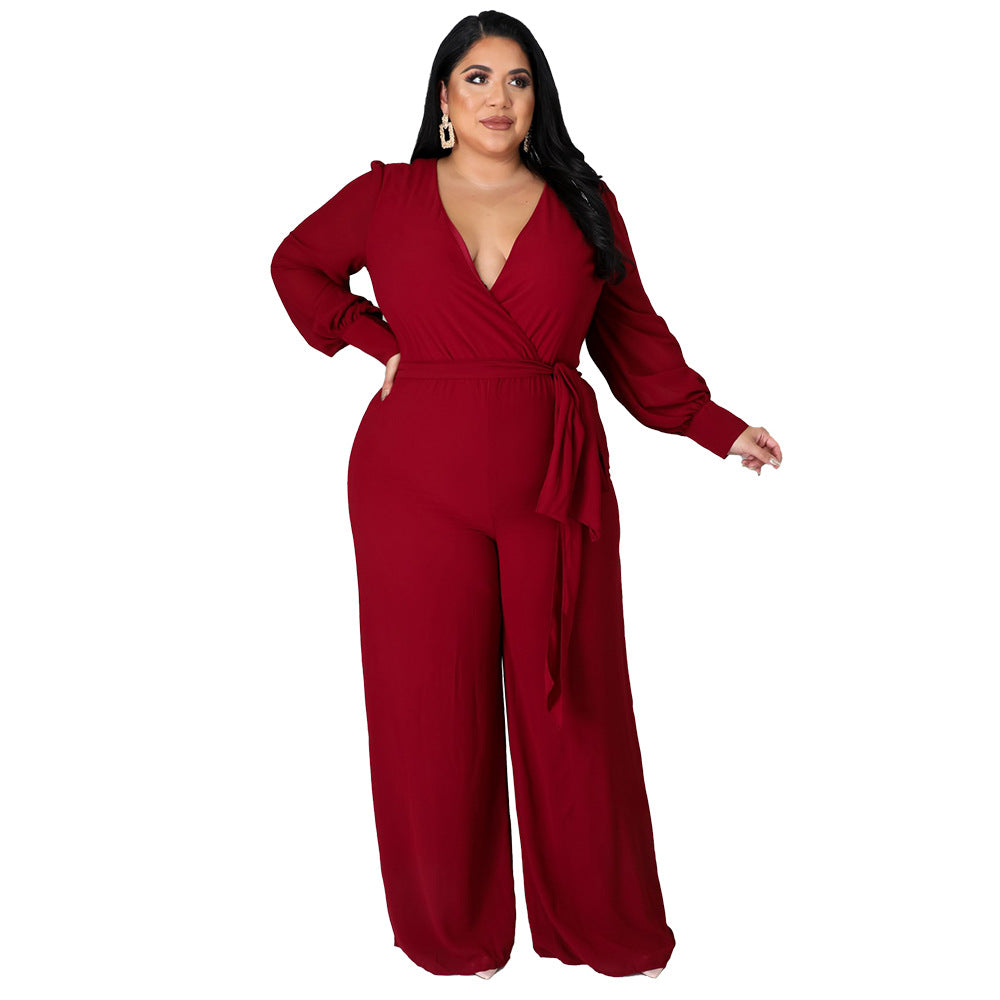 Plus Size Women Loose Straight Solid Color Belt Jumpsuit