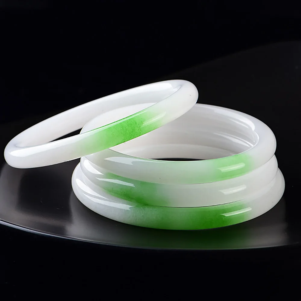 Natural Chalcedony Women's Bracelet Golden Silk Jade White Green Round Bangle Fine Jewelry Accessories Ladies Gift Free Shipping