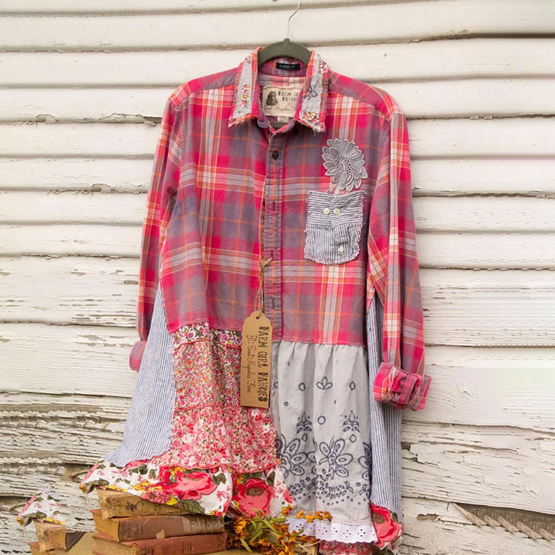 Women Boho Pink Plaid Flannel Shirt