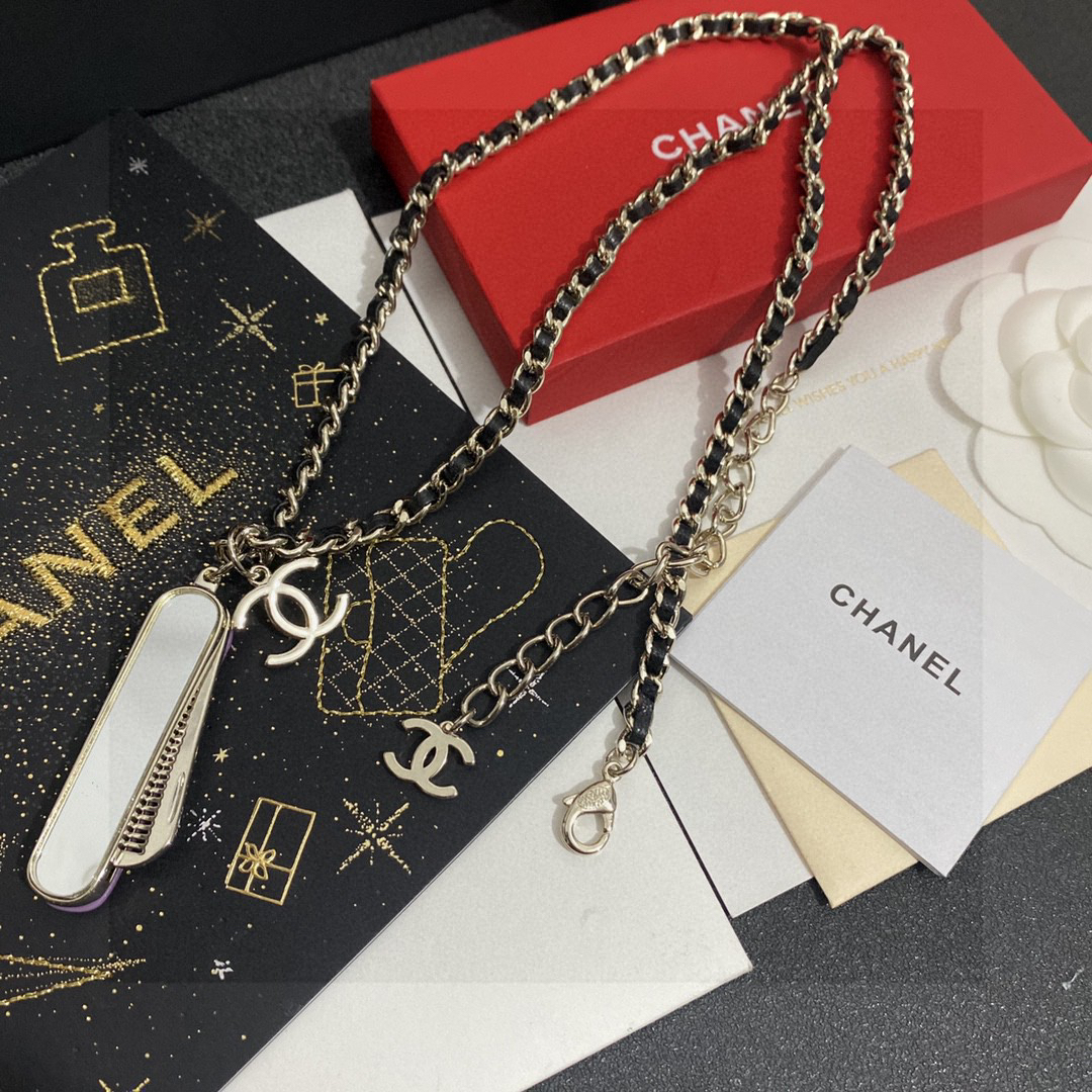 Chanel Comb Brass Double C Pendant Leather Chain Necklace