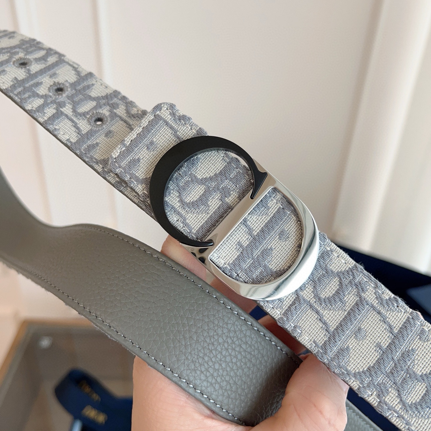 Dior Oblique Grey Cloth Grey Cowhide Leather Strap 3.5cm Wide