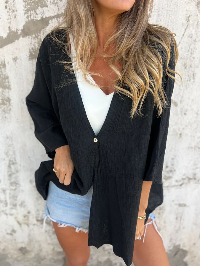 Women's V-Neck Long Sleeve Loose Button Design Casual Shirt