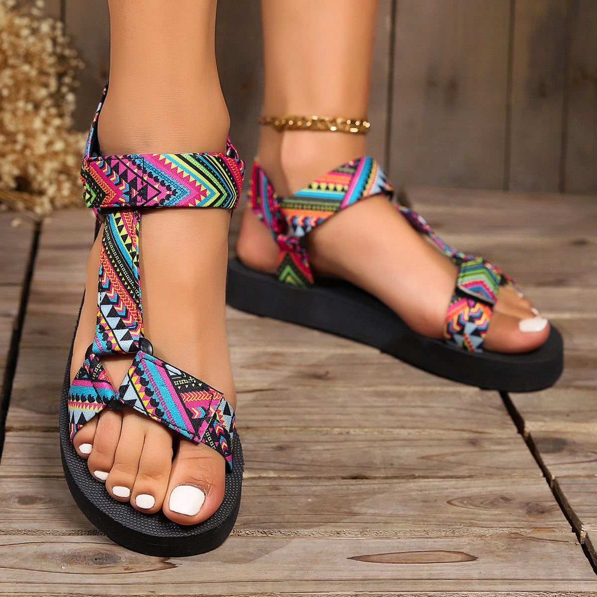Summer Ethnic Style Flat Sandals: Printed Velcro-Design for Women's Fashion Casual Beach Wear