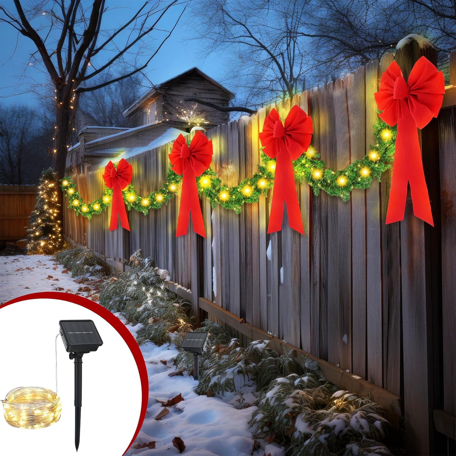 🔥CHRISTMAS ON SALE🔥9ft Christmas Fence Decorations with Solar Light and Red Bows