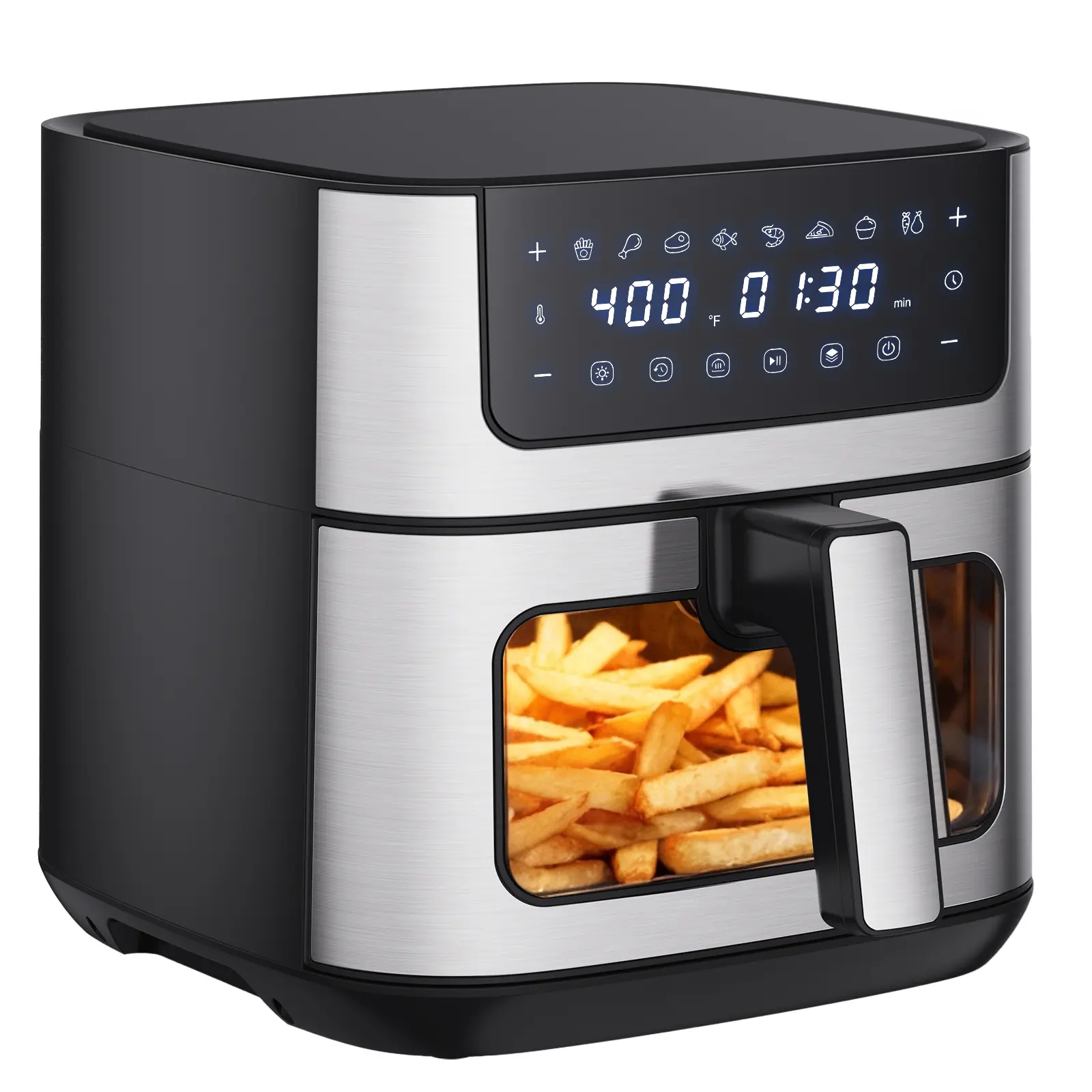 6.34QT Air Fryer with Window 8 Food Presets 400°F Max Heat 90-Min Timer Nonstick Dishwasher-Safe Basket for Air Fry Roast Reheat Bake Stainless Steel