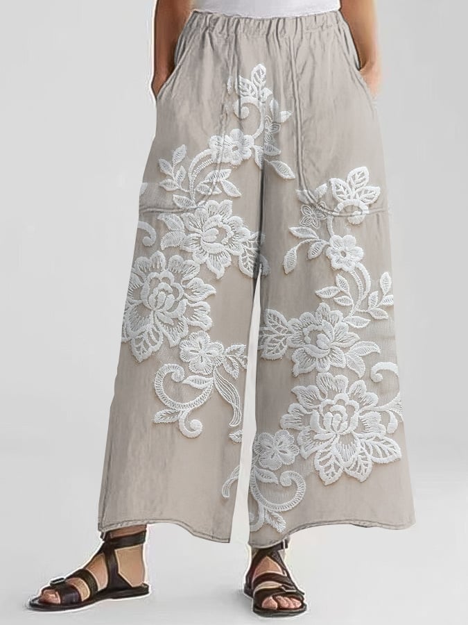 Women's Casual Floral Embroidery Print Pants (With Pockets)