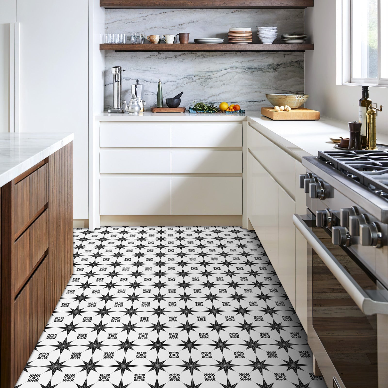 Black and White Star Peel and Stick Vinyl Floor Tile Sticker