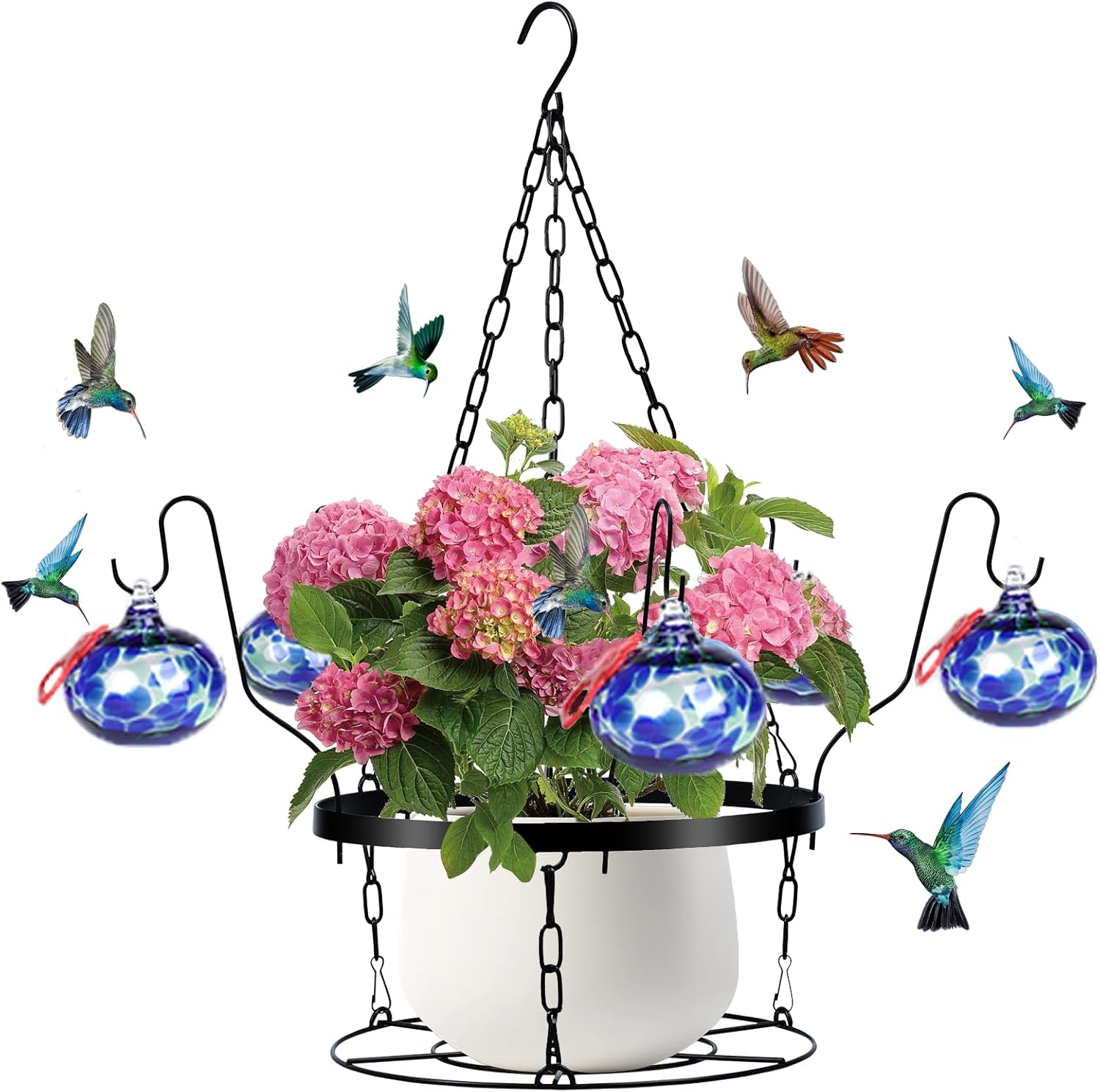 🔥HOT SALE🔥Metal Hanging Plant Holder and Glass Hummingbird Feeder 2-in-1