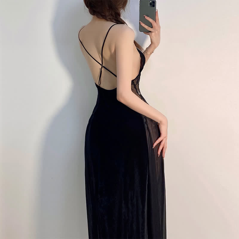 V-neck Backless Mesh Split Slip Lingerie Dress