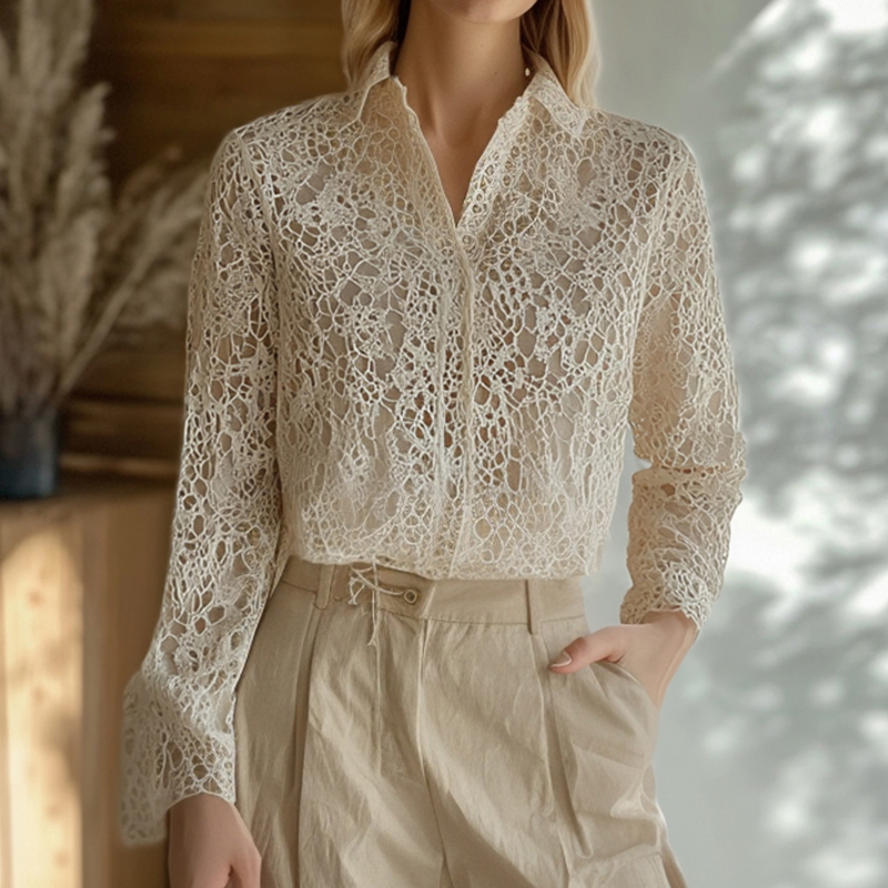 Elegant Lace Embroidery Art Long Sleeve Shirt