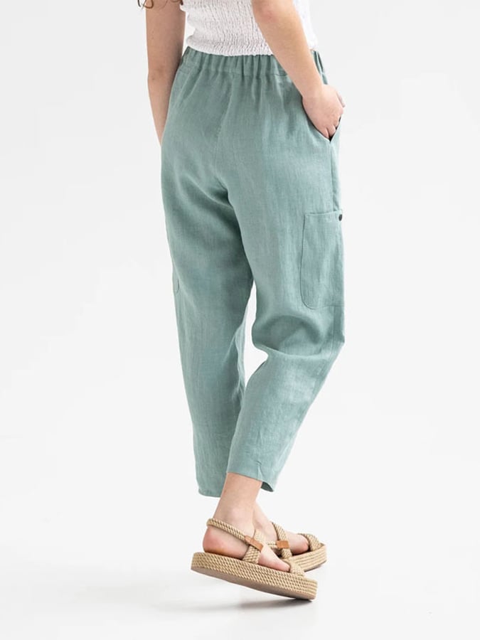 Women's Solid Color Elastic Waist Pocket Cotton Linen Casual Pants