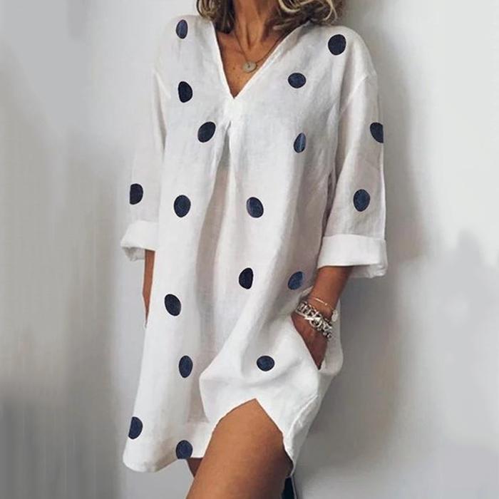 Casual Loose V-Neck Printed Slit Dress