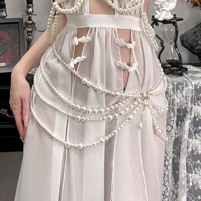 Hollow out See-through Pearl String Slit Lingerie Dress
