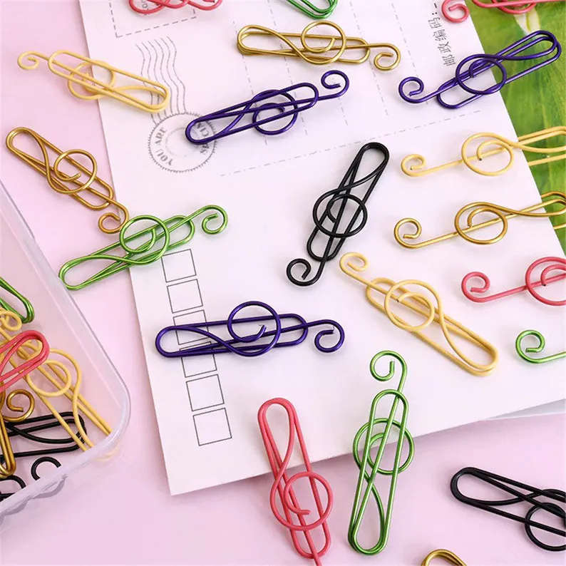 A set of 10 high quality music treble clef colored metal paper clips