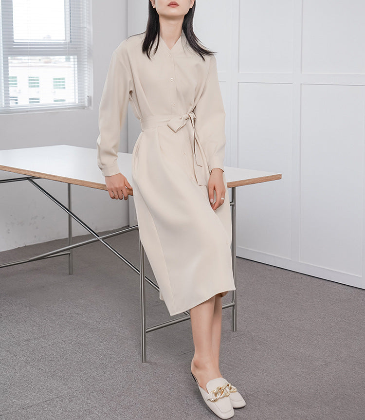 Spring Autumn Women Long Sleeve Loose Dress High Grade Windbreaker Dress Women Belt Adjustable
