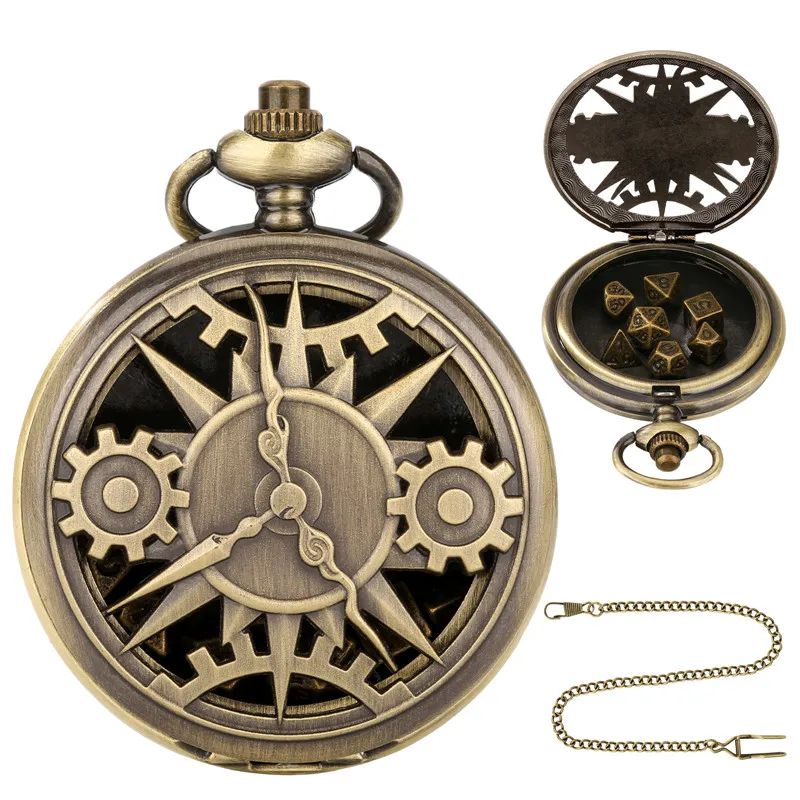 Steampunk Hollow Gear Cover Pocket Watch Case with 7pcs/set Metal Polyhedral Dices Pendant FOB Chain Gaming Accessory Gift