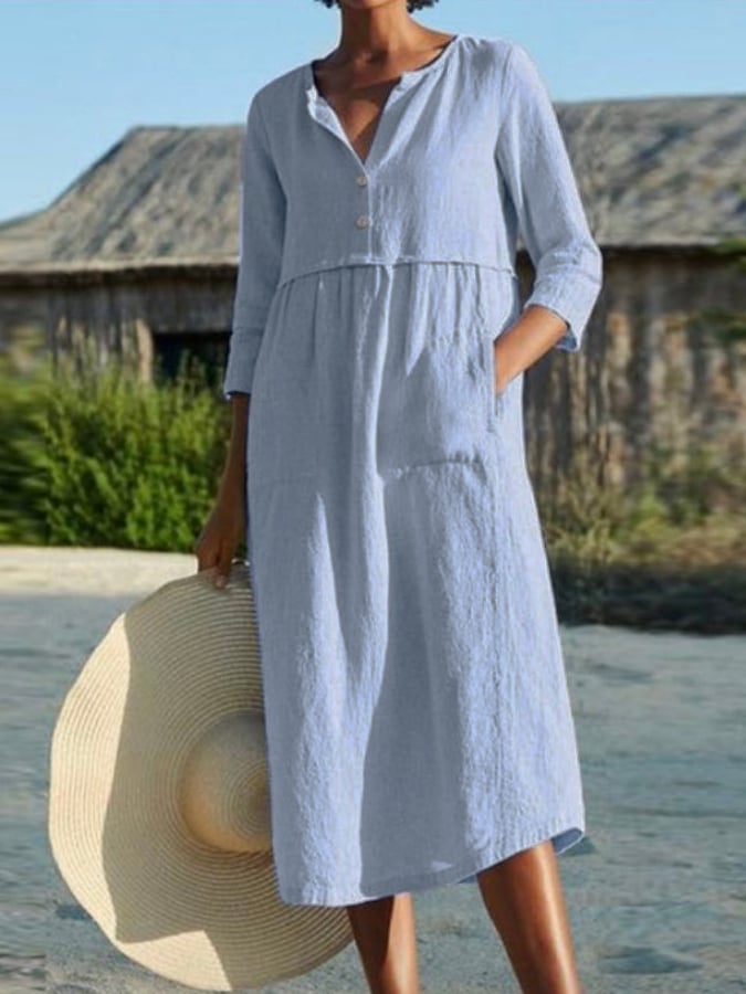 Round Neck Button Pocket Cotton Linen Medium Sleeve Solid Dress