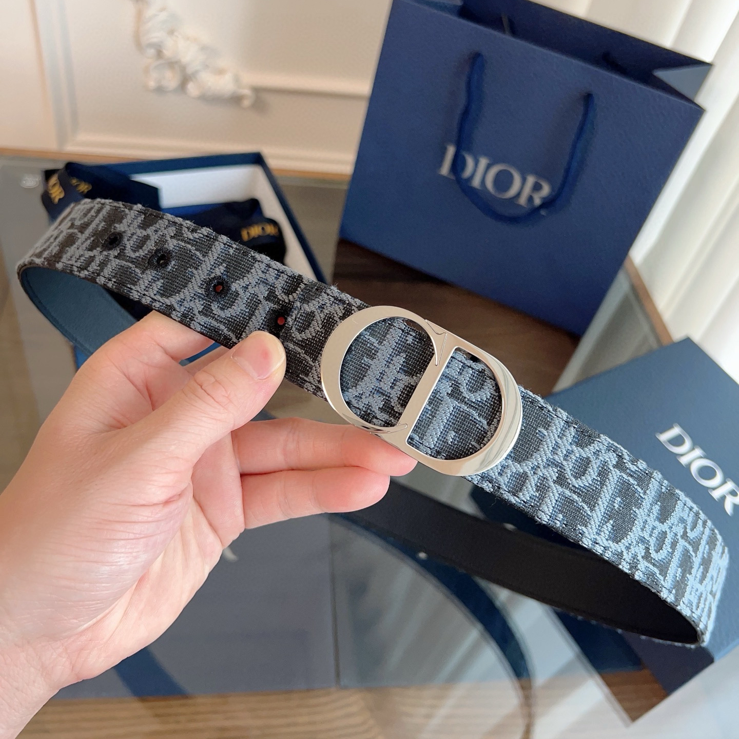 Dior Oblique light blue cloth and black cowhide leather belt width 3.5cm