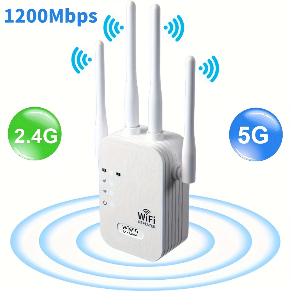 WiFi Extender, WiFi Booster 6X Stronger 1200Mbps WiFi 2.4&5GHz Dual Band(8000sq.ft), WiFi Signal Strong Penetrability 35 Devices 4 Modes 1-Tap Setup, 4 Antennas 360° Full Coverage, Supports Ethernet Port