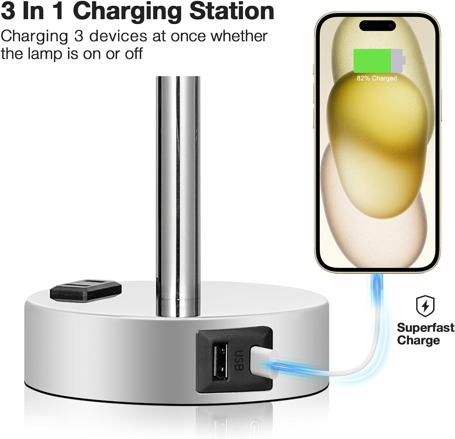 Bedside Table Lamp for Bedroom - 3 Way Dimmable Touch Lamp USB C Charging Ports and AC Outlet, Small Lamp Wood Base Round Flaxen Fabric Shade for Living Room, Desk, LED Bulb Included