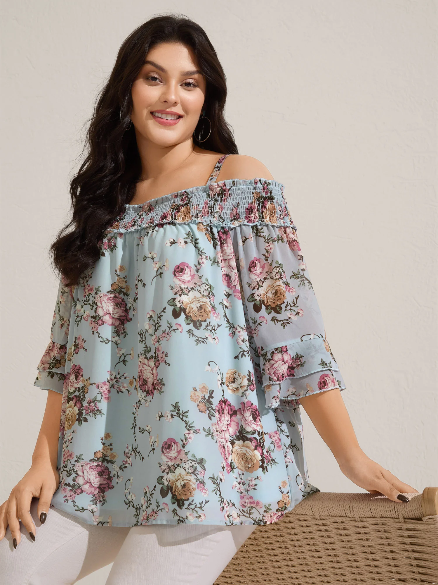Shirred Off-Shoulder Chiffon Floral Blouse