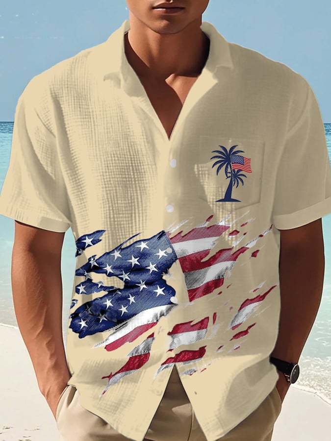 Men's Casual Flag Independence Day Coconut Tree Print Waffle Men's Shirt