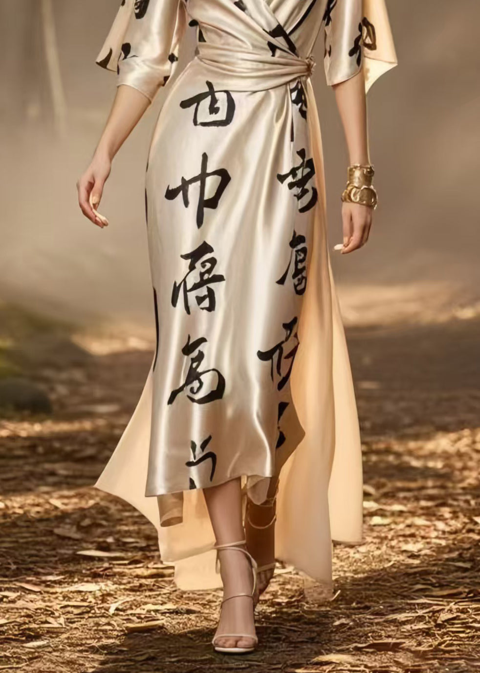 Elegant Champagne Print Draping Silk Cinched Dress Summer